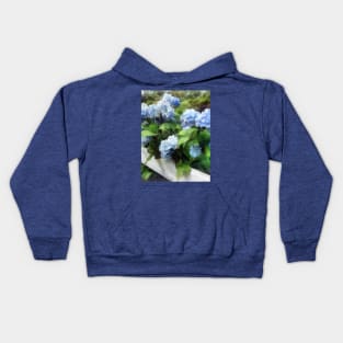 Hydrangea - Blue Hydrangea on White Fence Kids Hoodie